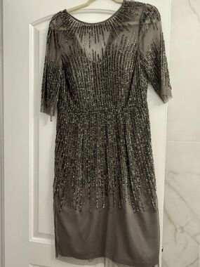 Adrianna Papell Olive Beaded Long Sleeve Dress